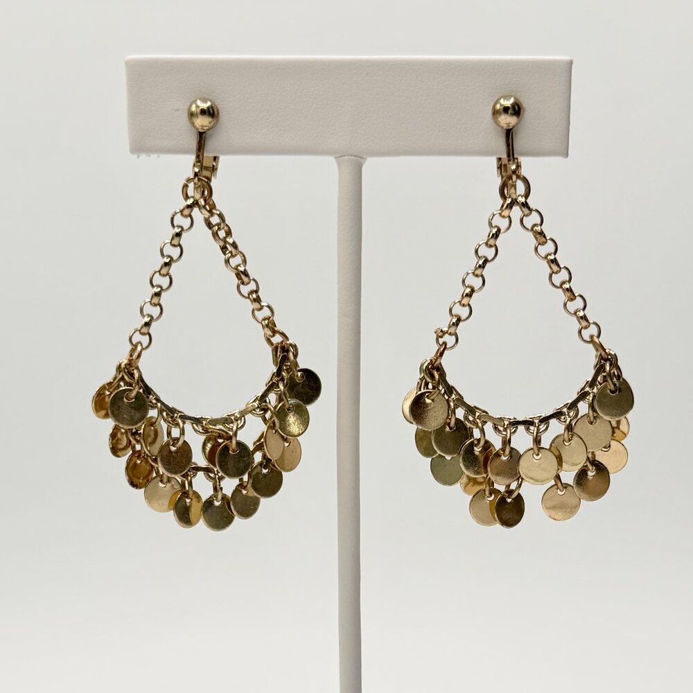 Vintage Boho Gold Tone Dangle Clip-On Earrings with Disc Charms